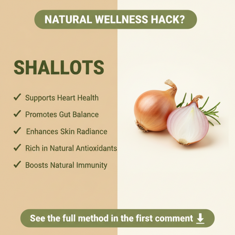 A graphic promoting shallots as a natural wellness ingredient split into text and image sections The text lists benefits