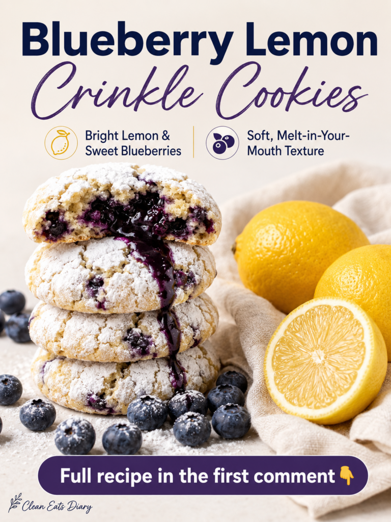 A stack of three blueberry lemon crinkle cookies generously dusted with powdered sugar The top cookie is broken open rev