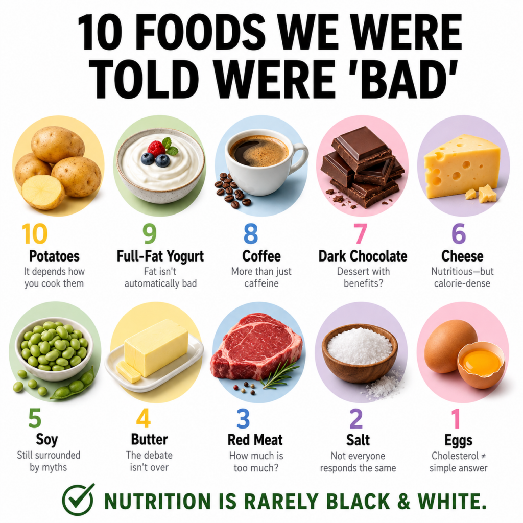 Infographic titled 10 FOODS WE WERE TOLD WERE BAD showing ten healthy food items like avocado cheese dark chocolate and