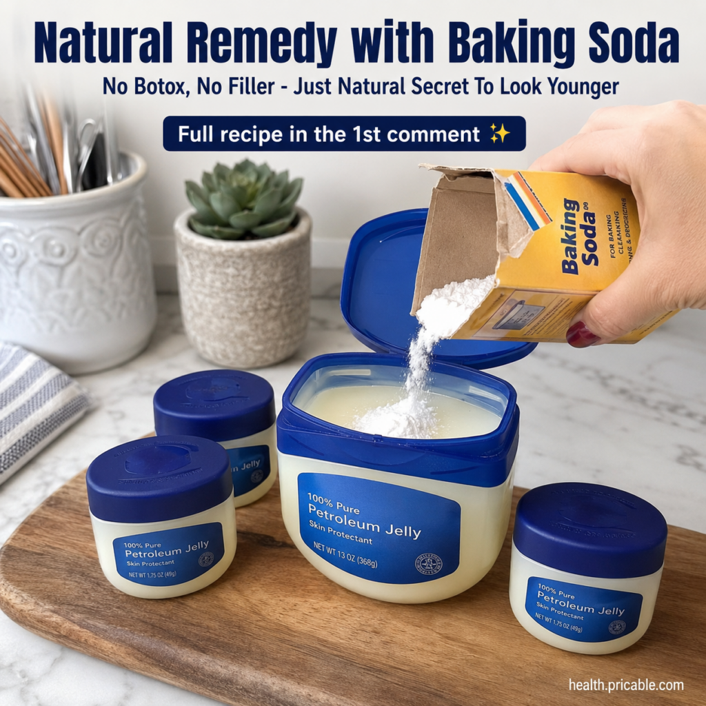 A hand pouring white baking soda powder from a yellow box into a large tub of Vaseline petroleum jelly on a kitchen coun