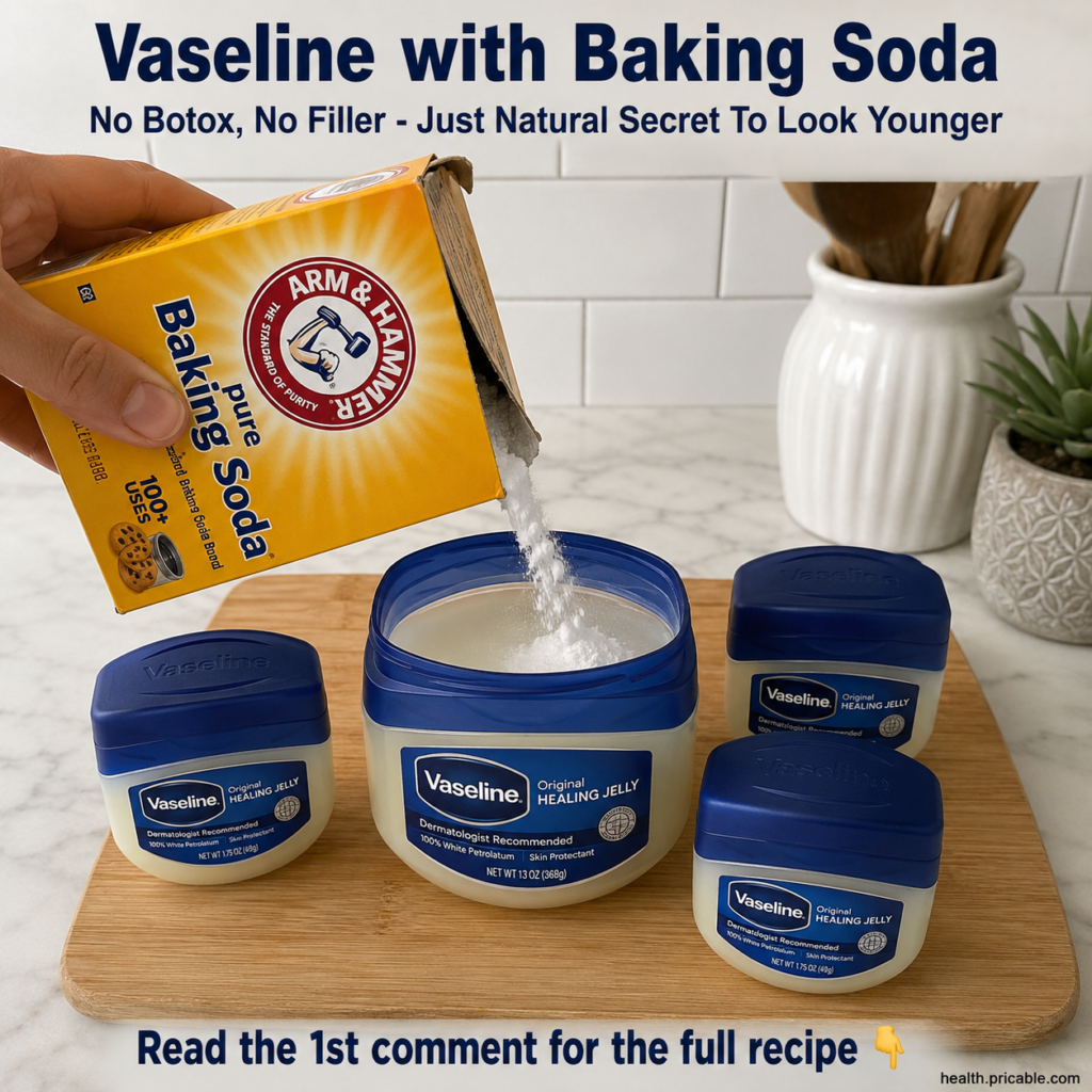 A hand mixing white baking soda into a jar of Vaseline jelly on a clean kitchen counter