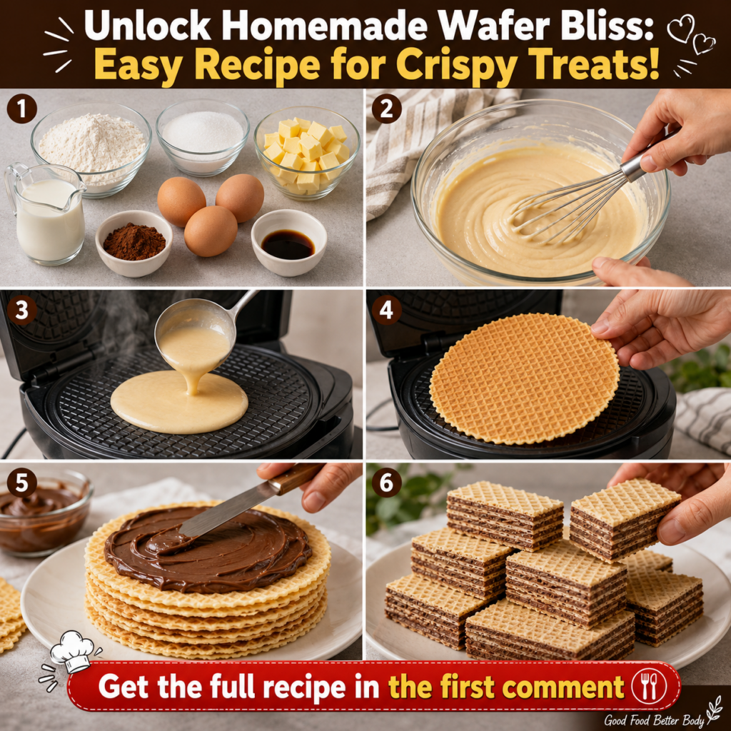 A stack of classic homemade crispy wafers with chocolate spread beautifully arranged on a white plate with a warm inviti