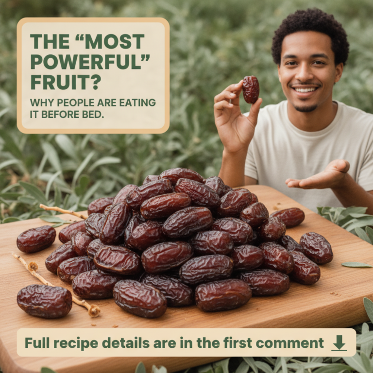 A young man smiling holding up a single date with a generous pile of dates on a wooden board and lush green foliage in t