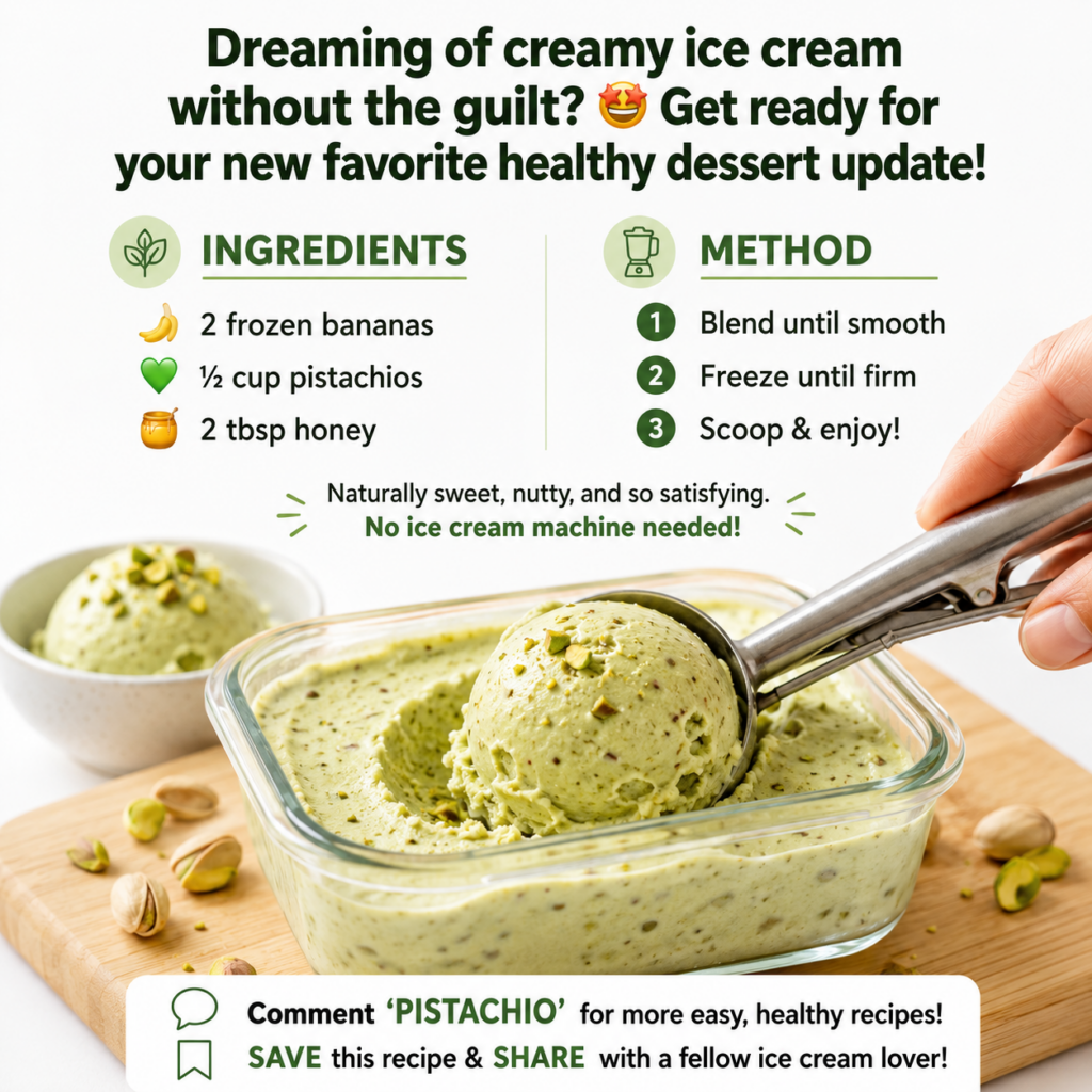 Overhead shot of creamy light green pistachio ice cream in a glass container with a scoop revealing a rounded portion su