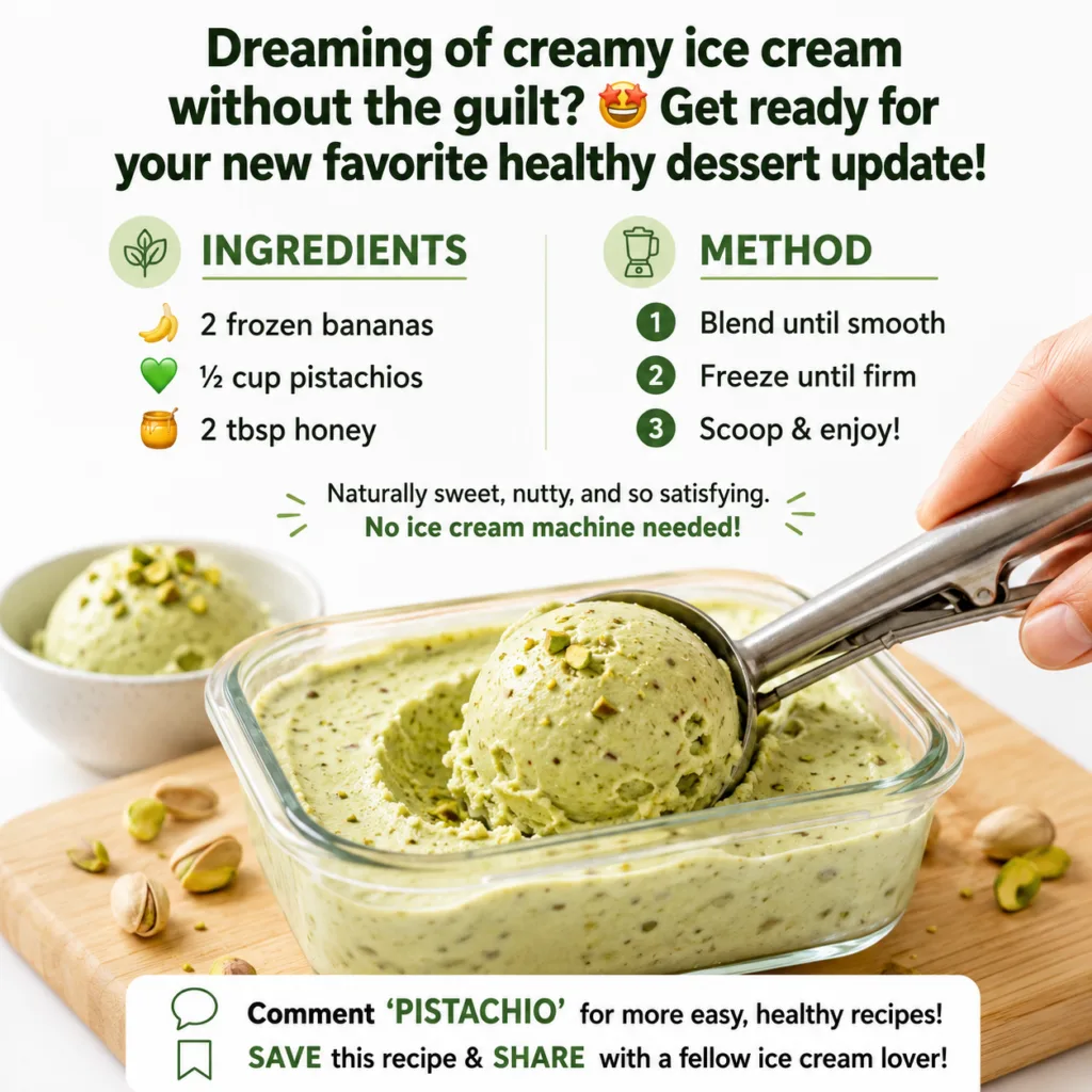 Overhead shot of creamy light green pistachio ice cream in a glass container with a scoop revealing a rounded portion su