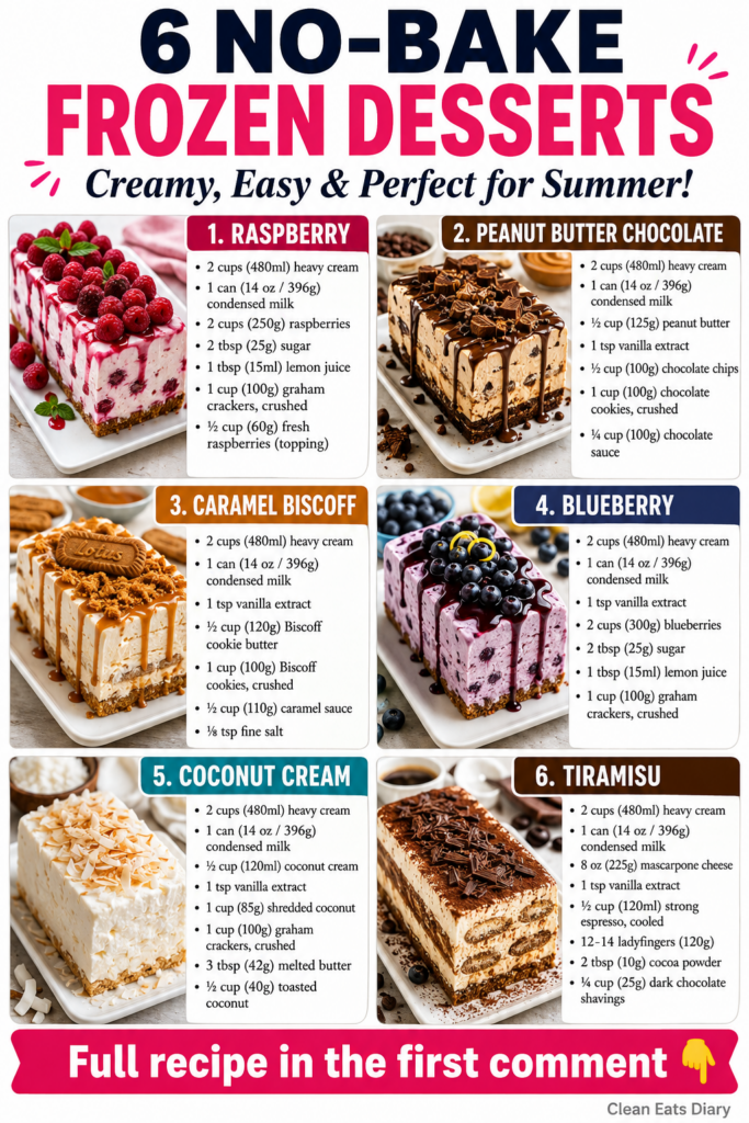 A vibrant array of six beautifully styled no-bake frozen desserts showcasing different flavors like raspberry chocolate 