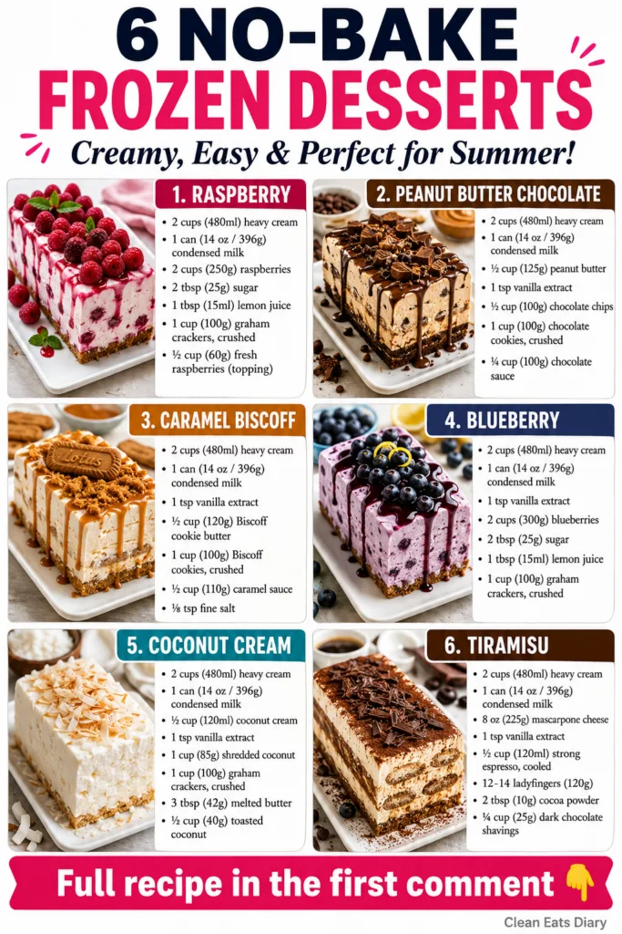 A vibrant array of six beautifully styled no-bake frozen desserts showcasing different flavors like raspberry chocolate 