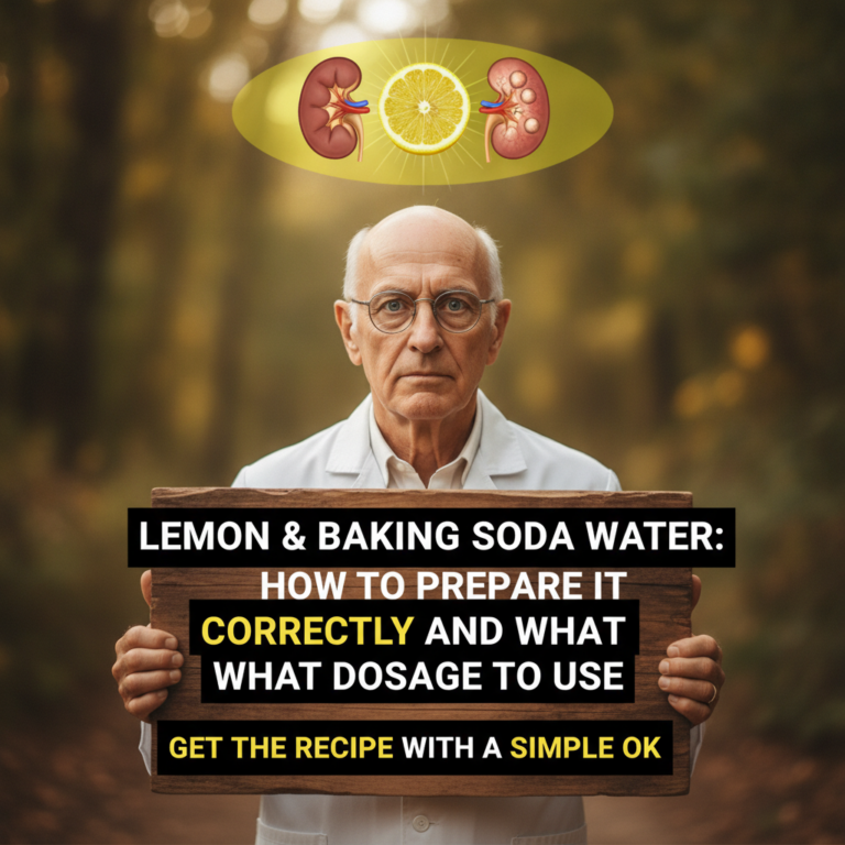An older Caucasian man in a white lab coat holding a rustic wooden sign with text about lemon and baking soda water Abov