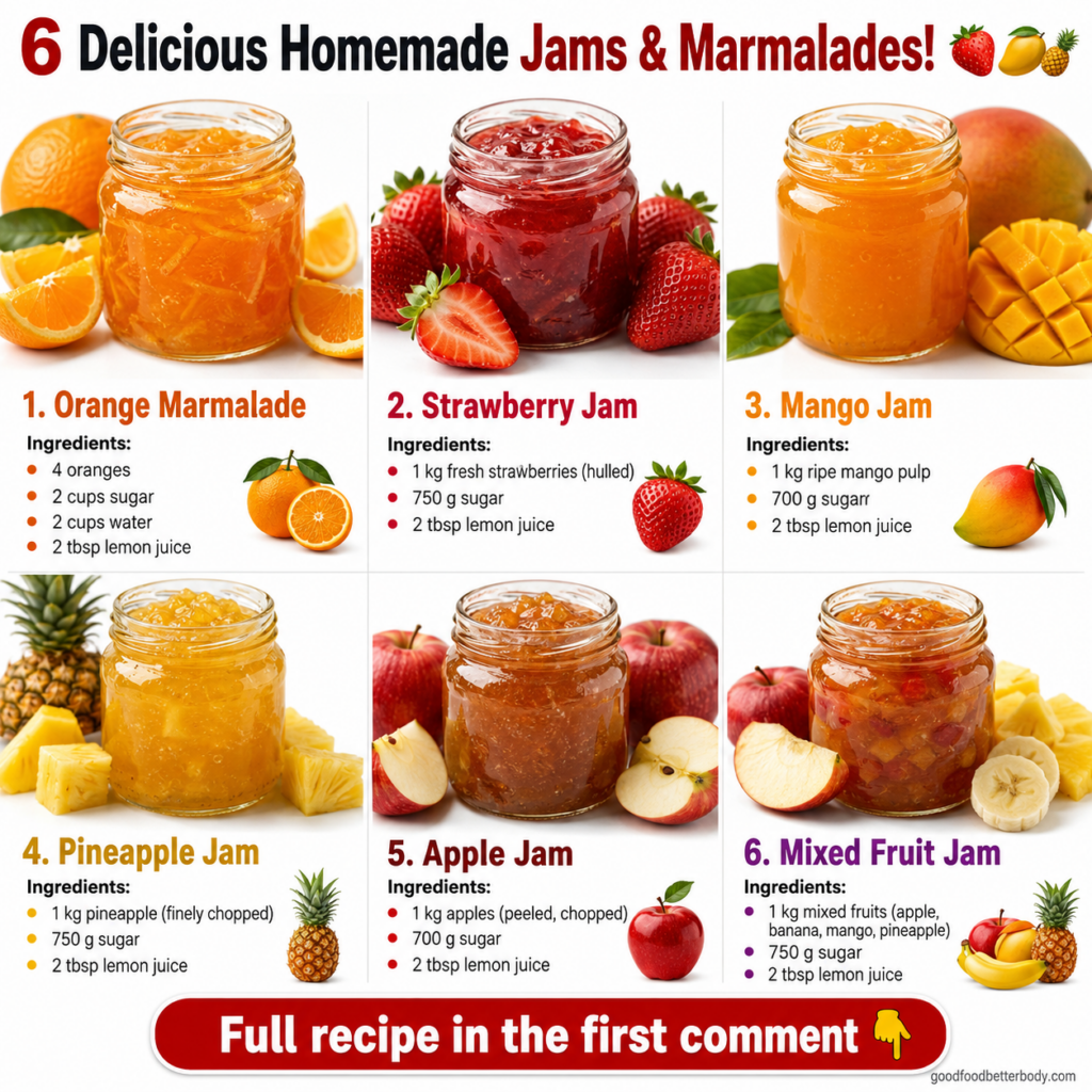 A glass jar of vibrant red strawberry jam with fresh whole and sliced strawberries scattered around it on a white surfac