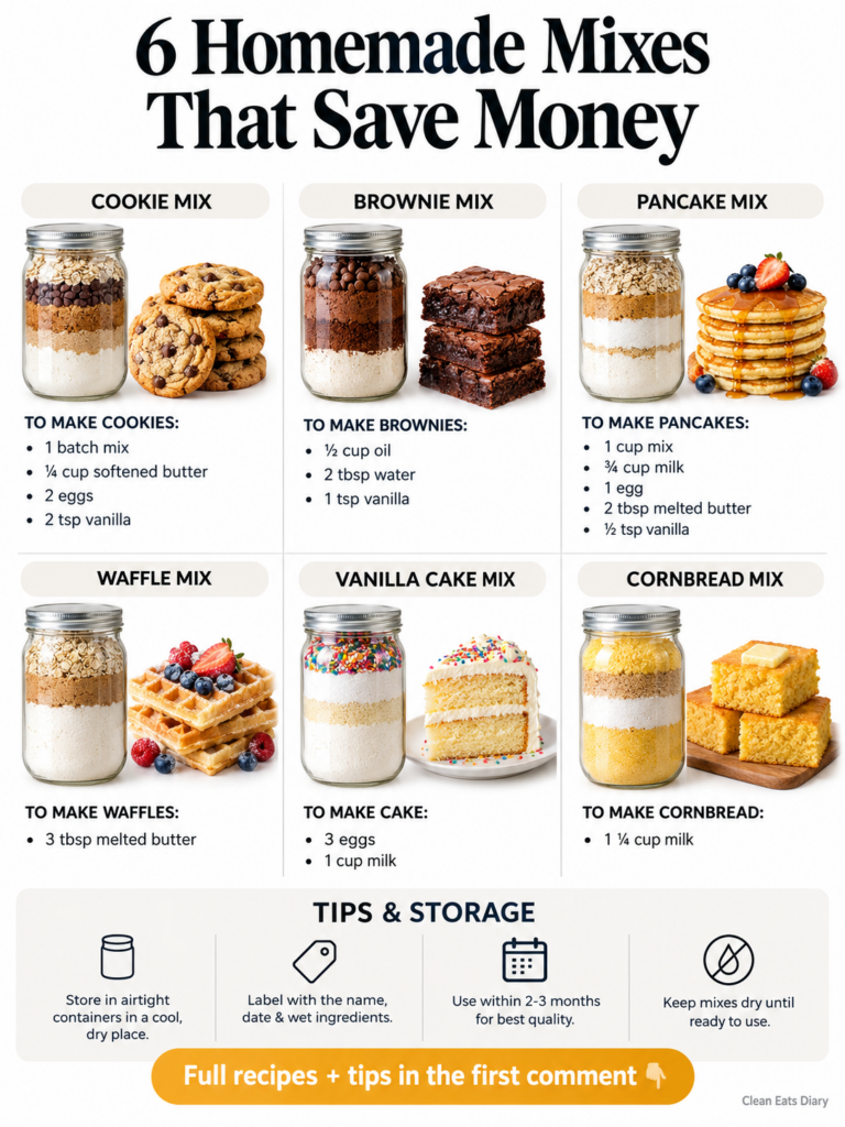A clear glass mason jar filled with neatly layered dry ingredients for pancake mix next to a stack of fluffy golden-brow