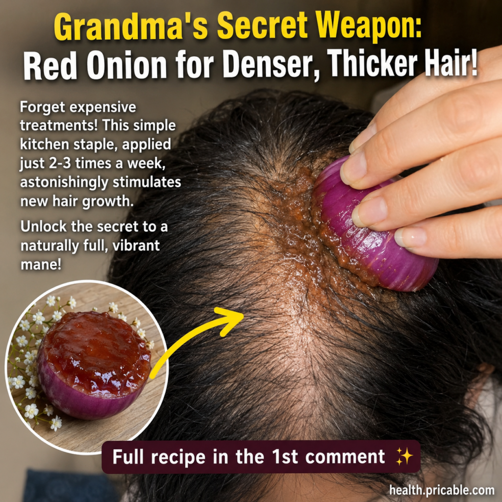 A close-up of a hand rubbing a reddish-brown pulpy red onion mixture onto a person s scalp with thinning hair Inset show