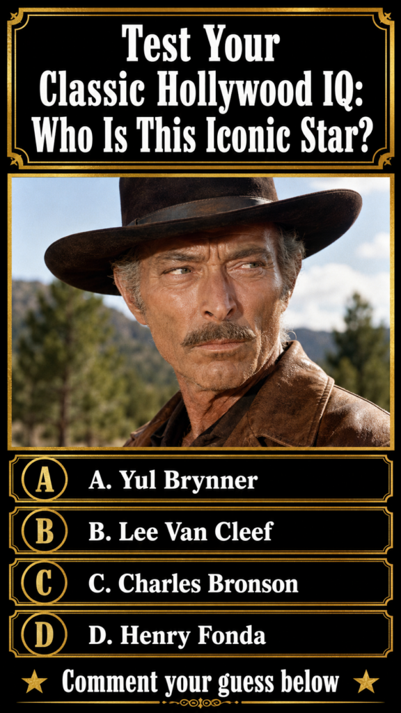 A vintage-style quiz image featuring a portrait of actor Lee Van Cleef in Western attire with multiple choice options fo