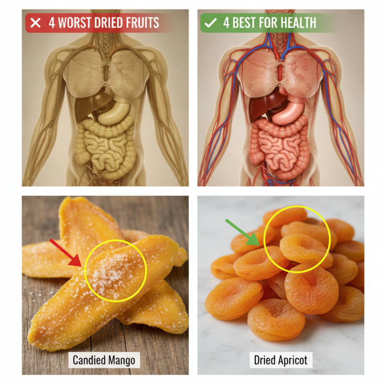 A four-panel grid illustrating the comparative impact of dried fruits on health The top left shows an unhealthy internal