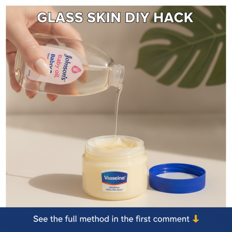 A fair-skinned hand pouring clear Johnson s Baby Oil into an open jar of creamy yellowish Vaseline Original Healing Jell