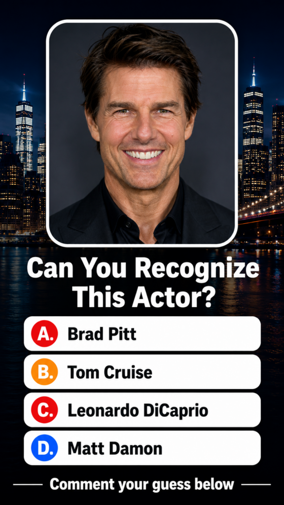 A smiling headshot of actor Tom Cruise in a white rounded rectangle against a dark city skyline with skyscrapers and a b