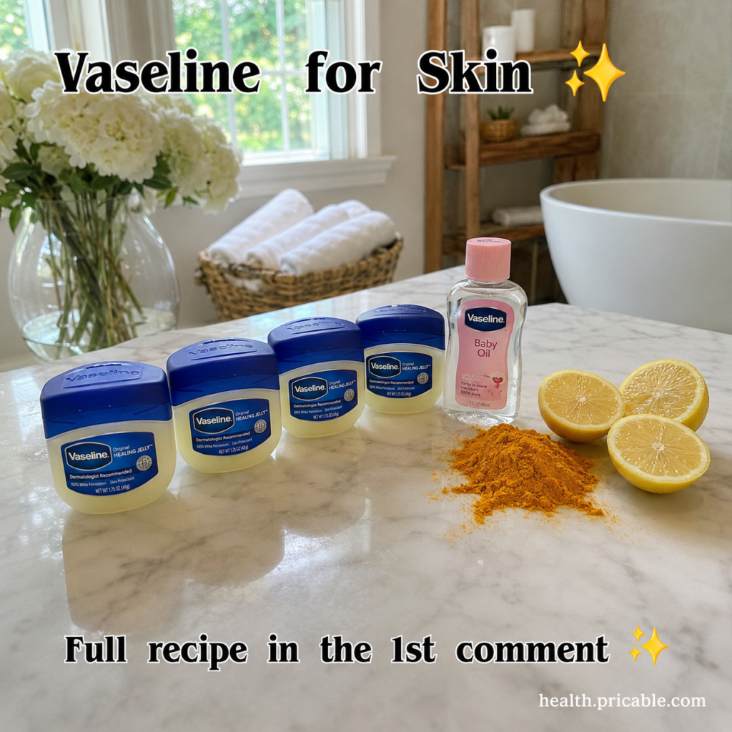 Ingredients for a DIY Vaseline anti-aging remedy laid out on a marble vanity including small jars of Vaseline a bottle o