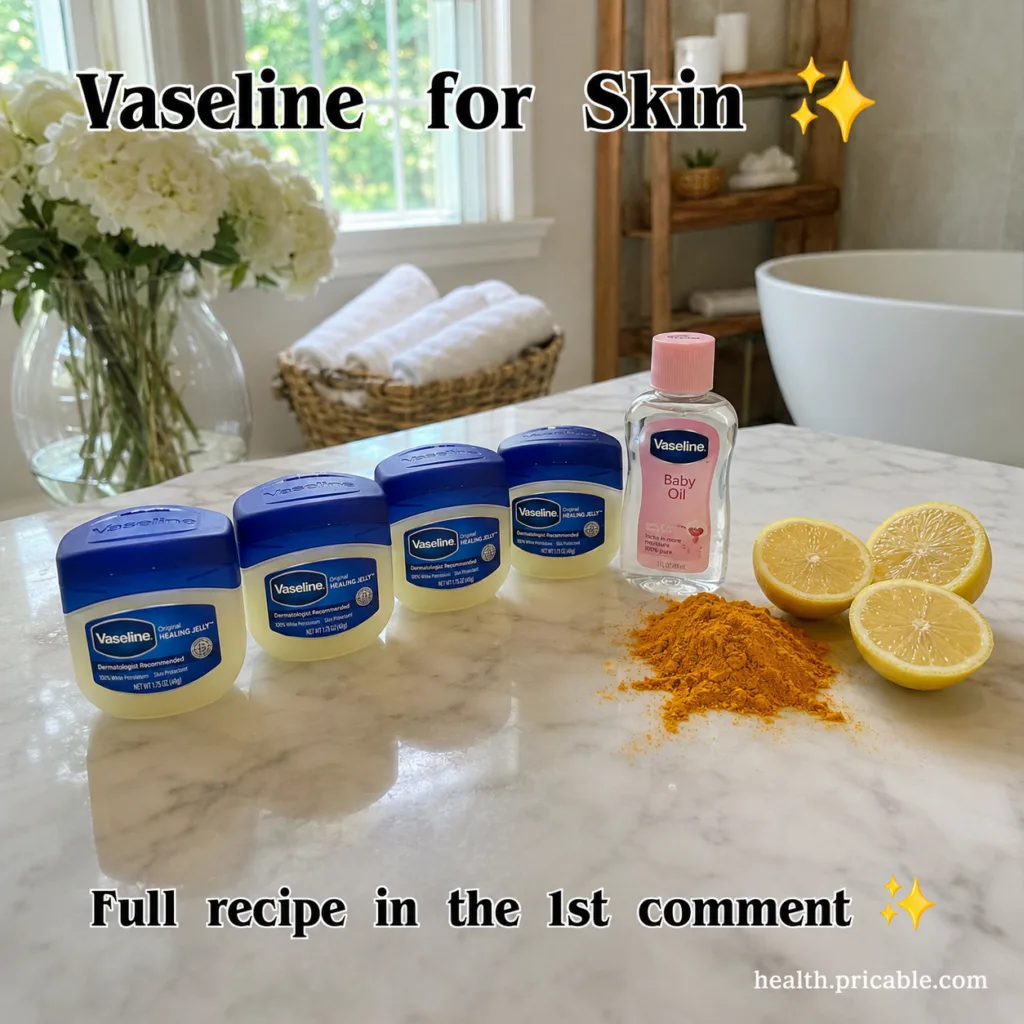 Ingredients for a DIY Vaseline anti-aging remedy laid out on a marble vanity including small jars of Vaseline a bottle o