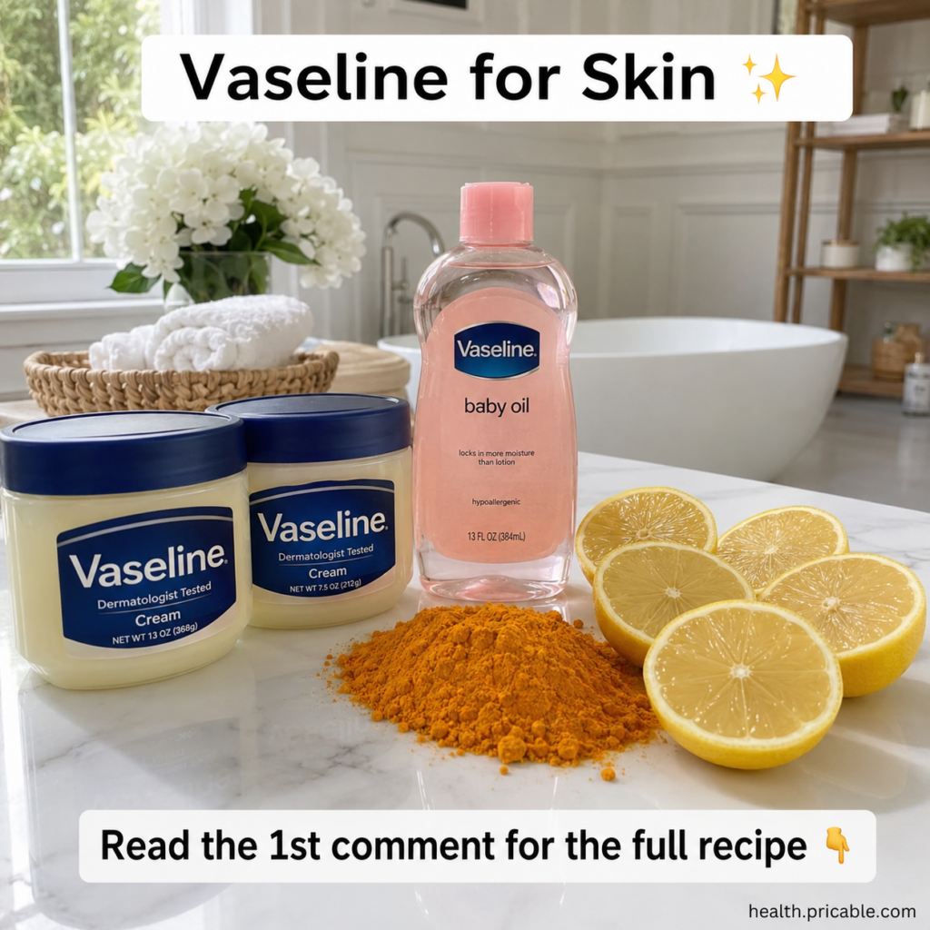 A still life image showing the ingredients for the Vaseline turmeric lemon skin remedy arranged on a white marble counte