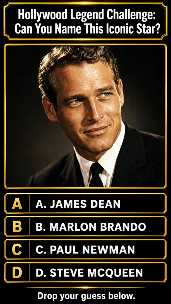 A quiz graphic with a classic black and white portrait of Paul Newman framed in gold with the title Hollywood Legend Cha