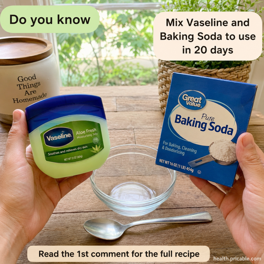 A flat lay showing a jar of Vaseline and a box of baking soda next to a small glass bowl with a spoon ready for mixing o