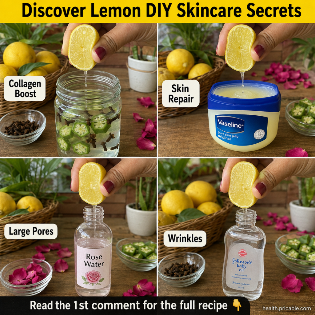 A grid of four lemon-based DIY skincare remedies showing hands squeezing lemons into ingredients like okra Vaseline rose