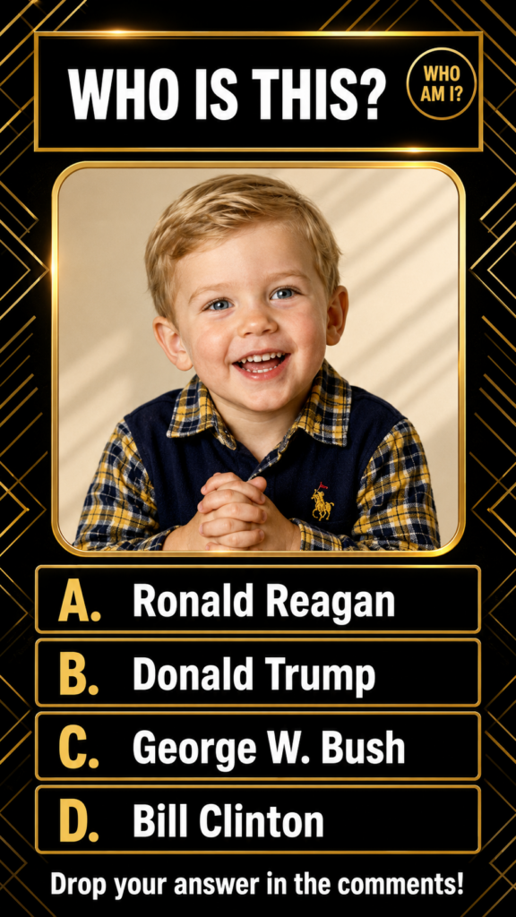 A quiz image featuring a headshot of a smiling toddler with blonde hair and blue eyes wearing a plaid polo shirt above m