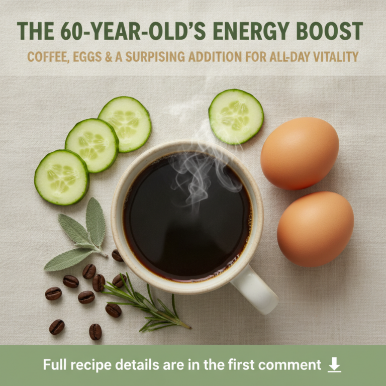 A flat lay composition featuring a steaming cup of black coffee in a rustic white mug two brown eggs fresh cucumber slic