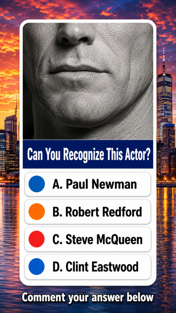 A high-contrast grayscale close-up of a man s lower face nose mouth and chin from a quiz overlaid on a dramatic cityscap