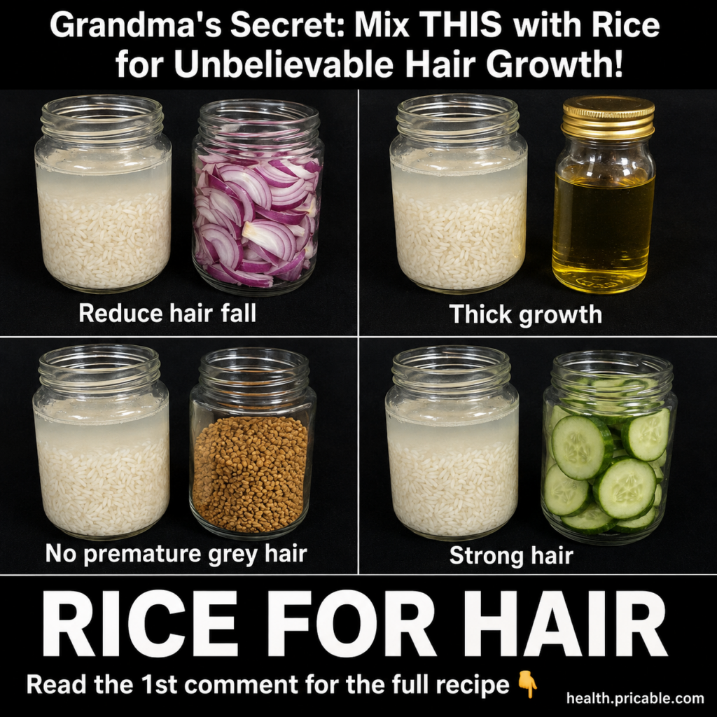 A collage of four panels each showing two clear jars on a black background One jar contains white rice and water the oth