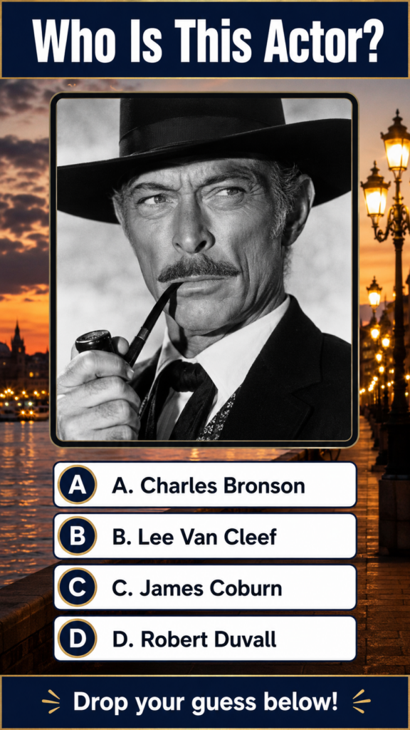 A black and white portrait of actor Lee Van Cleef in a fedora hat with a mustache and a pipe held to his mouth set again