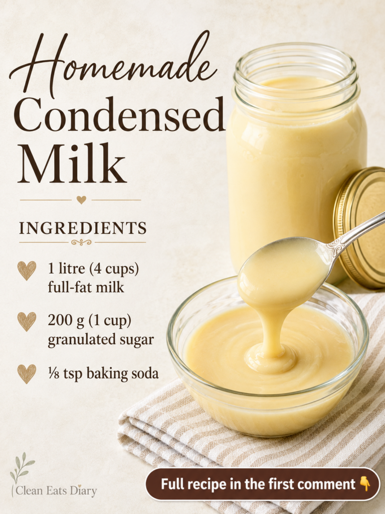 A glass jar filled with creamy homemade condensed milk with a spoon dripping milk into a glass bowl next to it on a ligh
