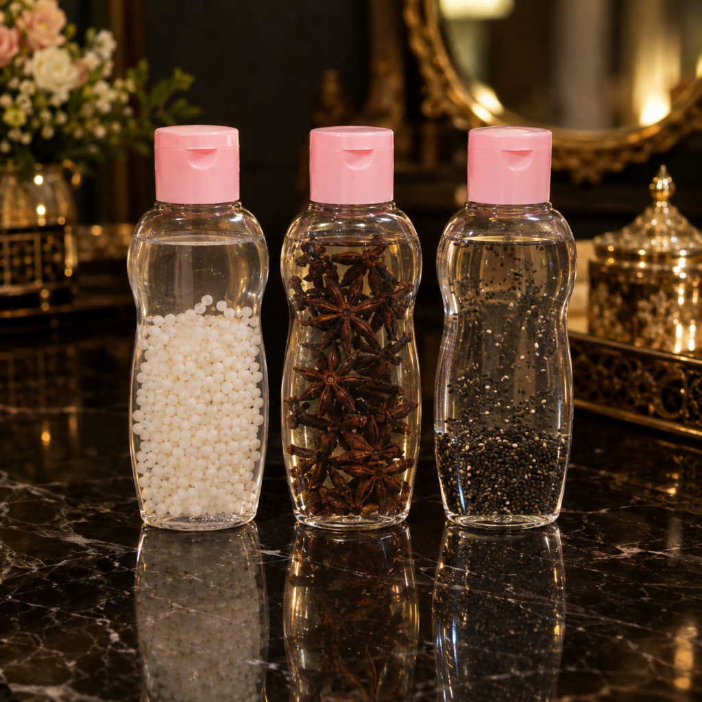 Three bottles of infused baby oil on a marble surface with star anise dried rose petals and fenugreek seeds visible