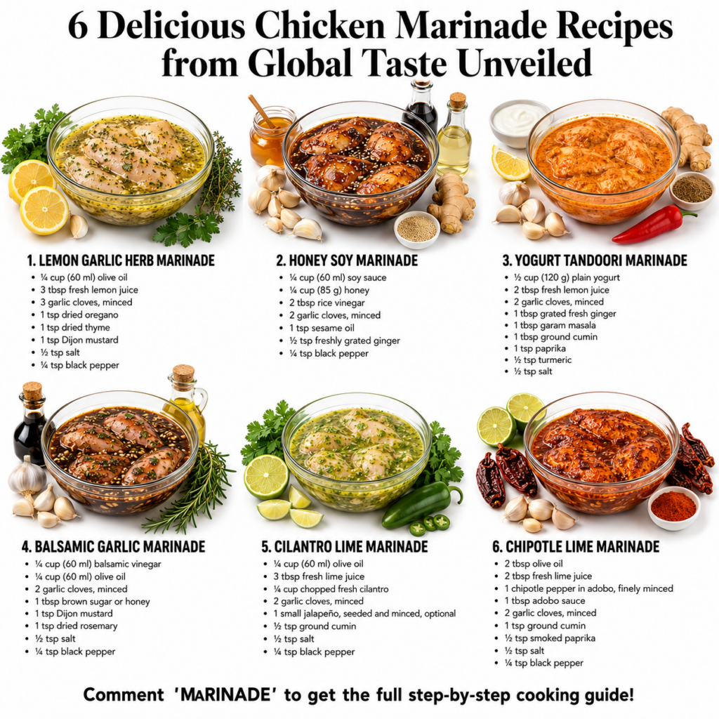 A vibrant top-down view of six distinct glass bowls each containing raw chicken marinating in a different global-inspire