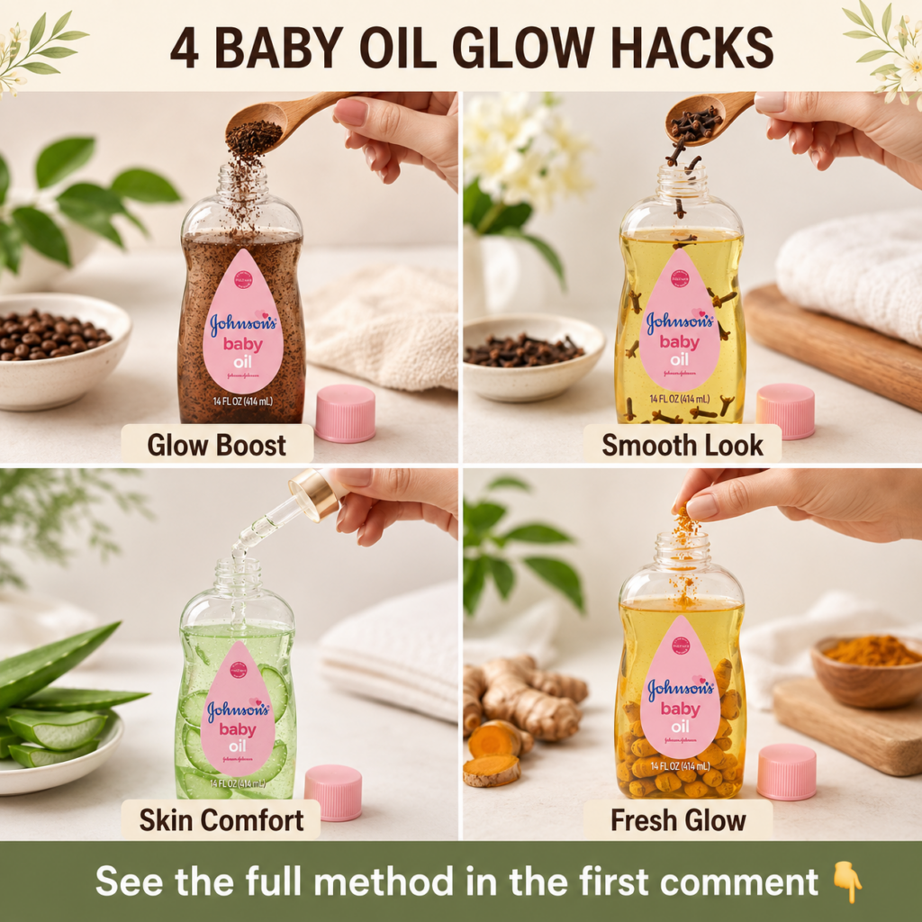 A composite image showing four panels Each panel features a bottle of Johnson s Baby Oil with a human hand adding a natu