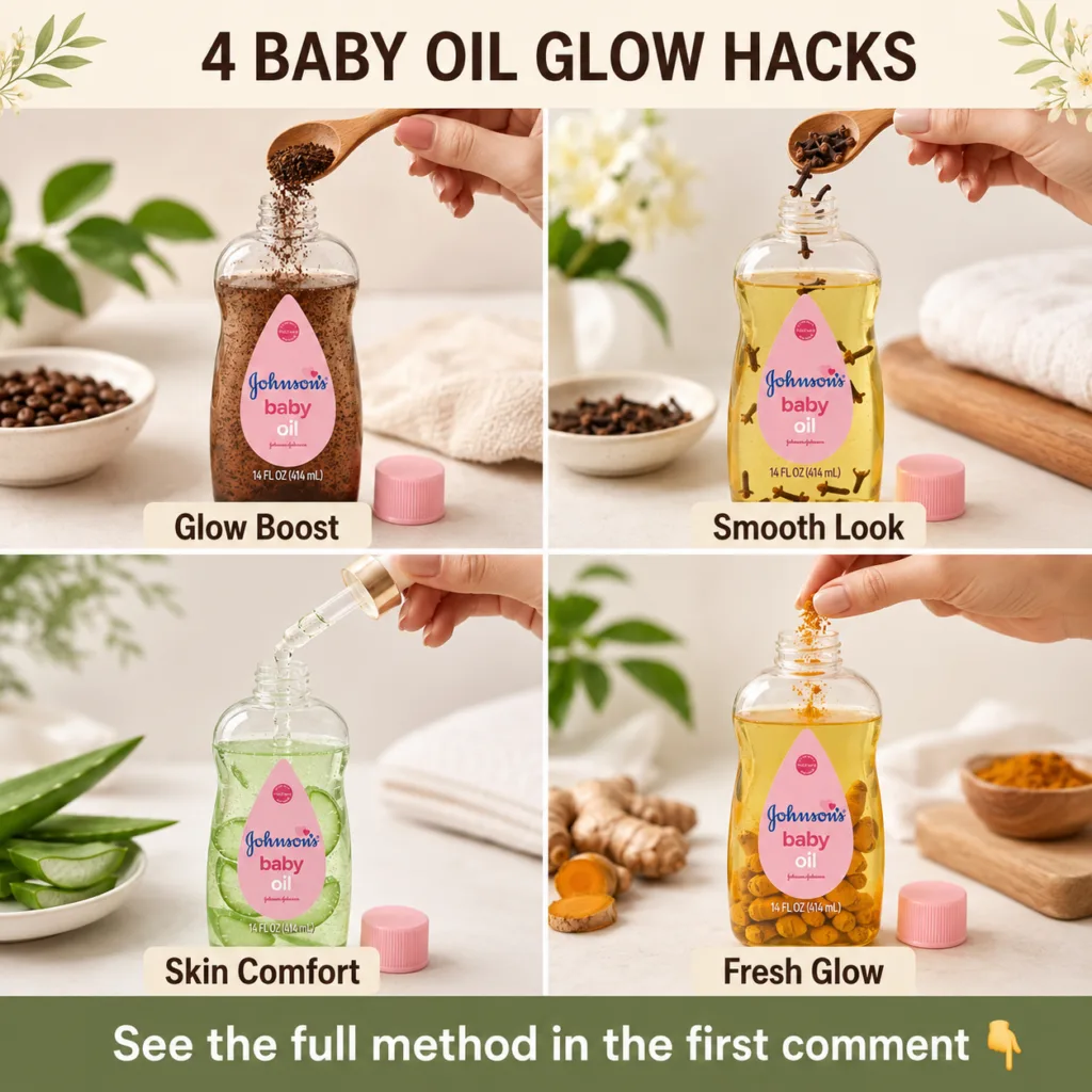 A four-panel grid showcasing various ways to infuse Johnson s Baby Oil with natural ingredients like coffee grounds clov