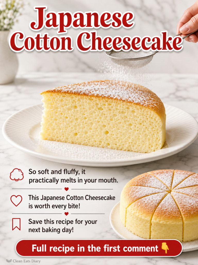 A whole Japanese cotton cheesecake perfectly golden brown on top with a generous slice on a white plate in front A hand 