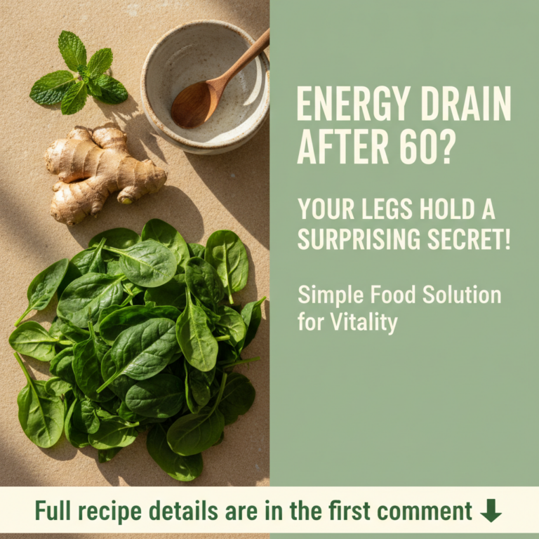 A split image showing fresh spinach ginger and mint on one side and text about energy drain after 60 and a surprising se