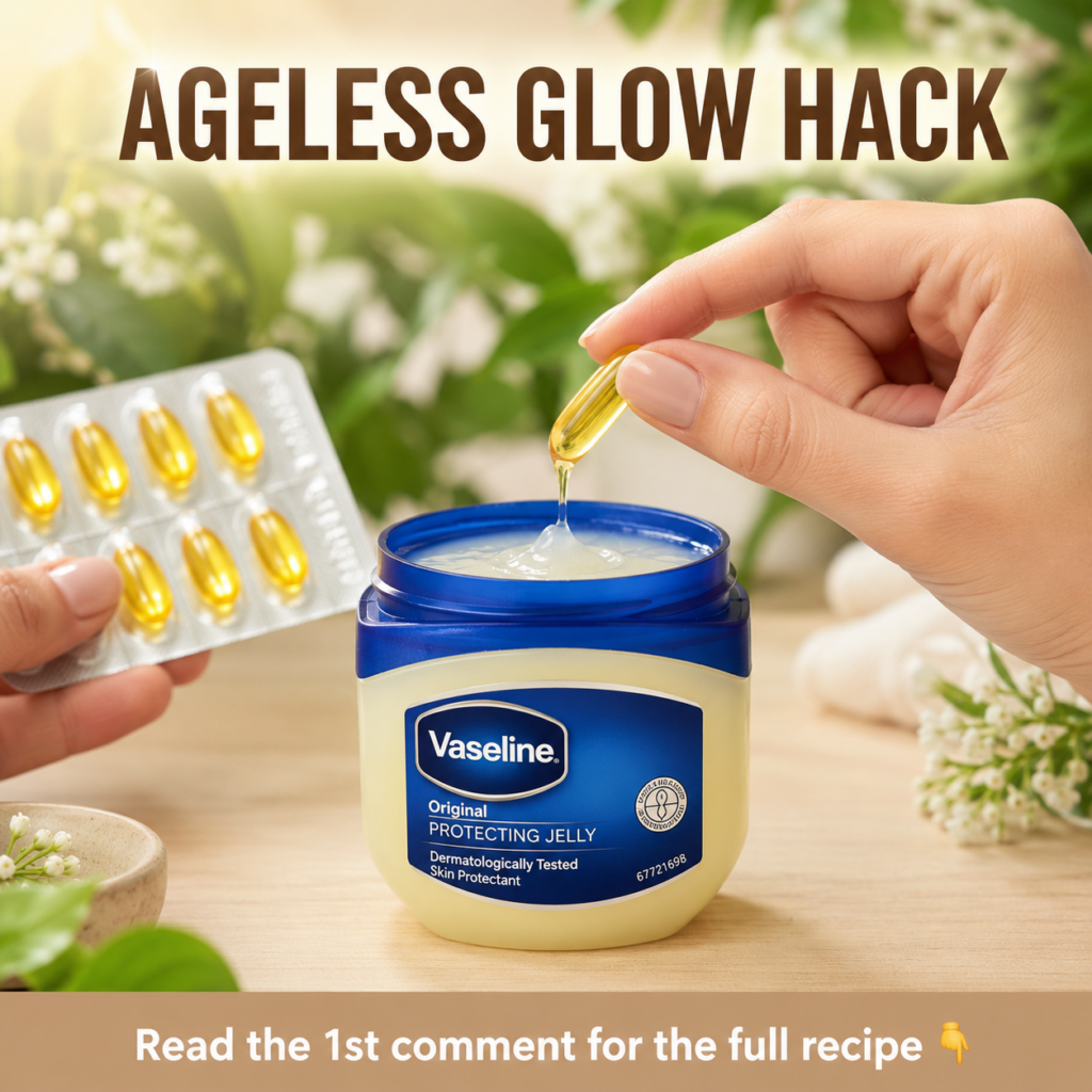 Hands squeezing a vitamin E capsule into a jar of Vaseline with a blurred natural background