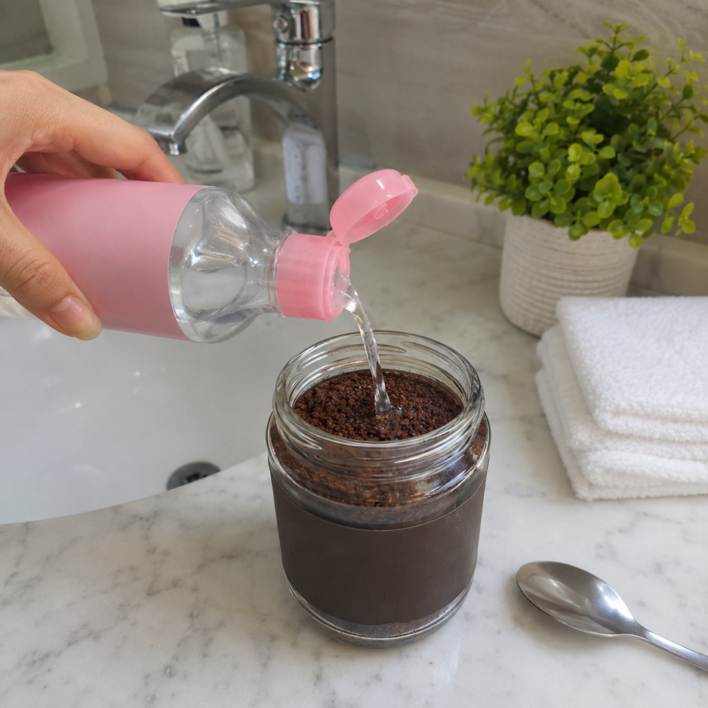 A hand pouring clear baby oil from a plastic bottle into a glass jar filled with dark brown coffee grounds on a marble c