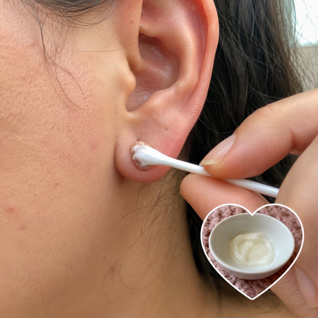A close-up of a creamy natural remedy being gently applied with a cotton swab to an earlobe with a small growth with a s