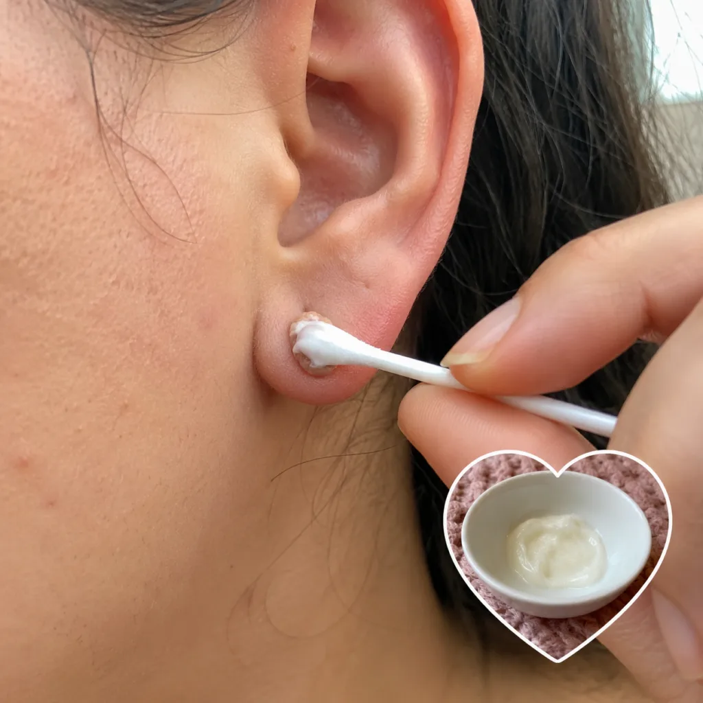A close-up of a creamy natural remedy being gently applied with a cotton swab to an earlobe with a small growth with a s