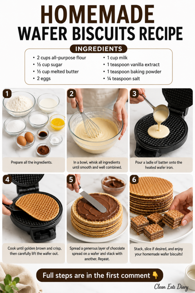 A top-down shot of several golden-brown homemade wafer biscuits some stacked and some with chocolate spread in between o