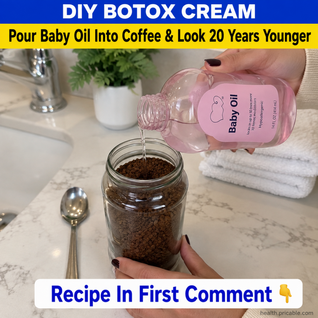 Hands pouring baby oil into a bowl of instant coffee granules on a clean counter