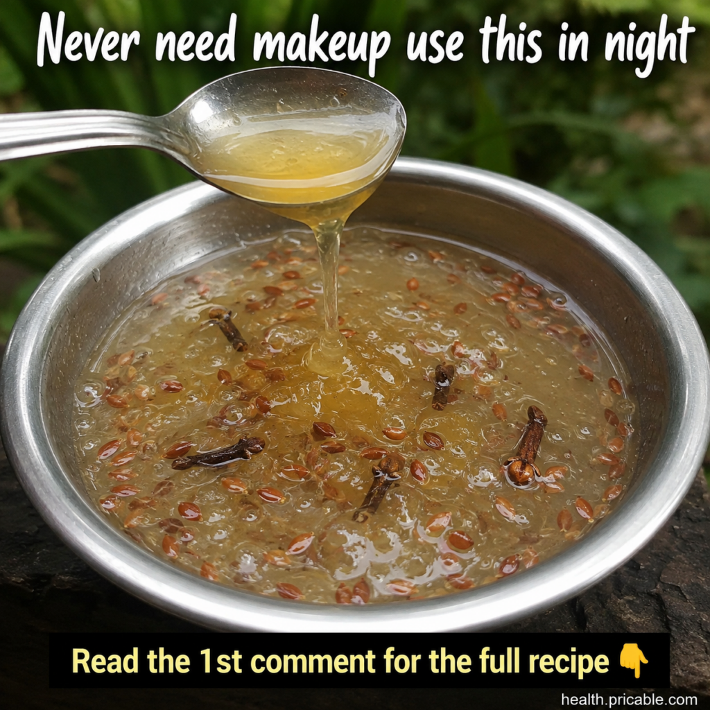 A metal bowl filled with a viscous amber-colored gel containing flaxseeds and whole cloves A silver spoon is pouring a s