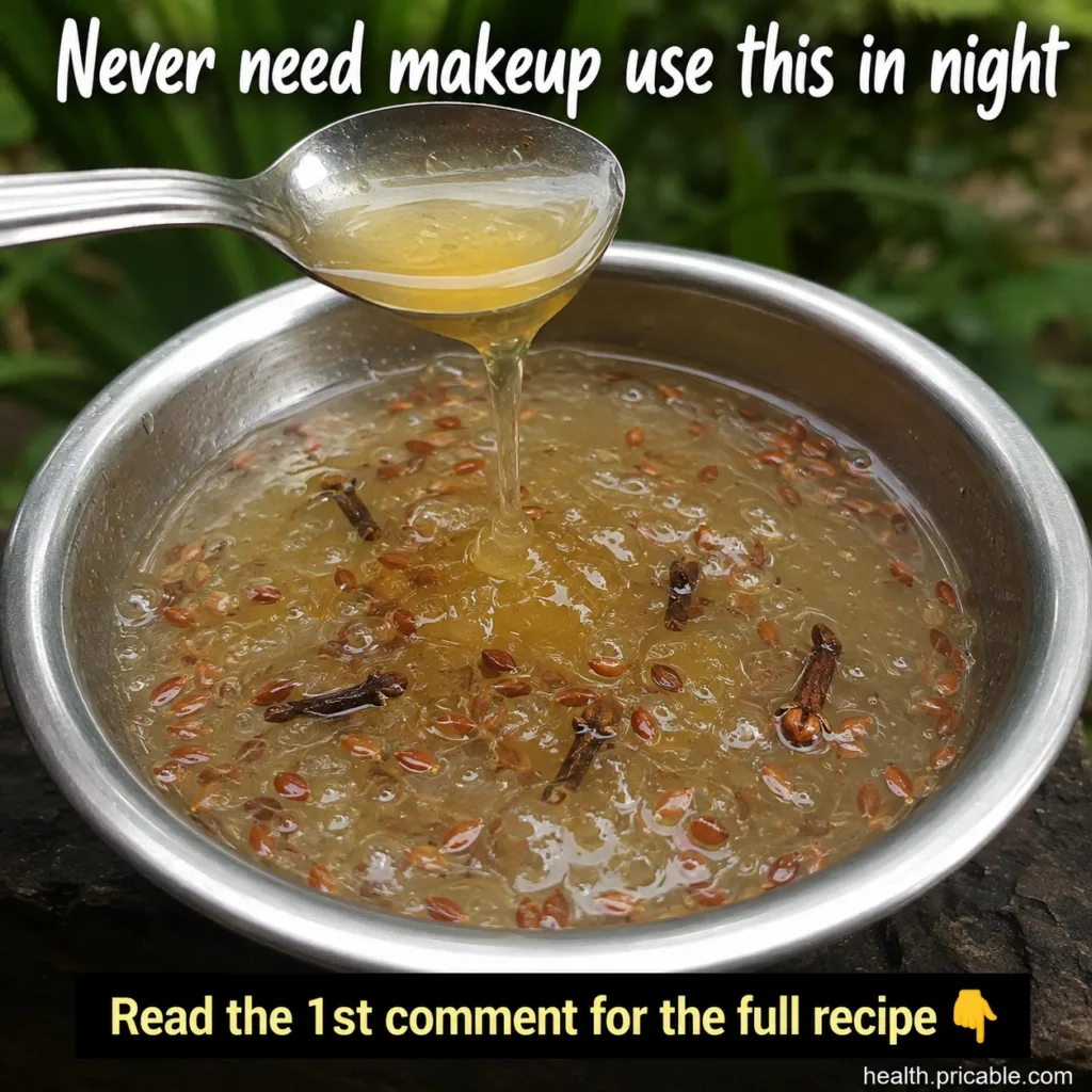 A metal bowl filled with a viscous amber-colored gel containing flaxseeds and whole cloves A silver spoon is pouring a s
