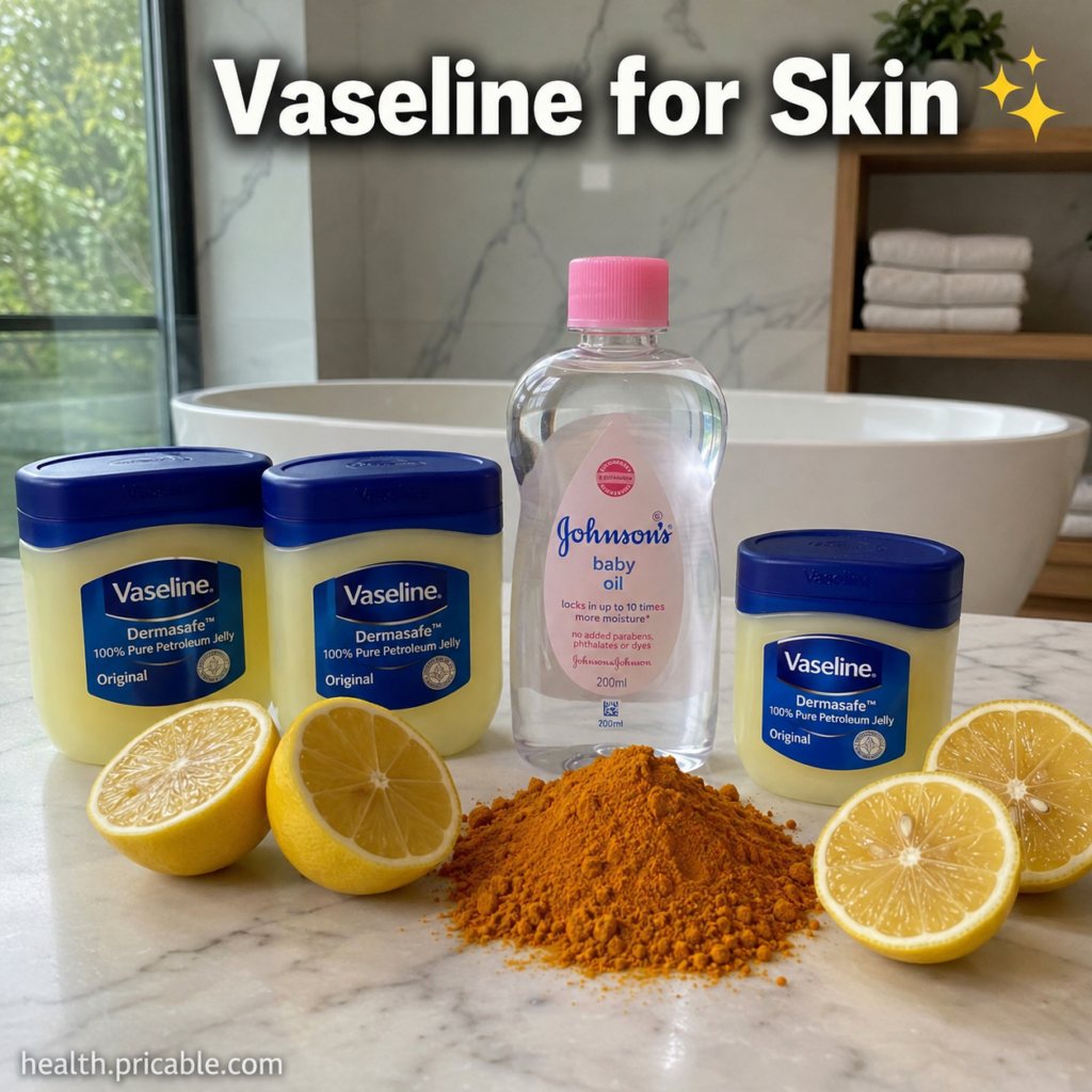 Ingredients for a Vaseline-based beauty potion jars of Vaseline a bottle of baby oil halved yellow lemons and a pile of 