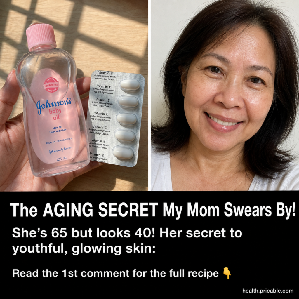 A composite image showing a bottle of baby oil and vitamin E capsules on one side and a smiling radiant woman with smoot