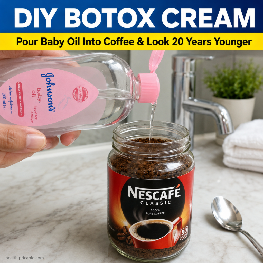 A hand pouring Johnson s Baby Oil into a jar of Nescafe Classic instant coffee granules on a clean bathroom counter with