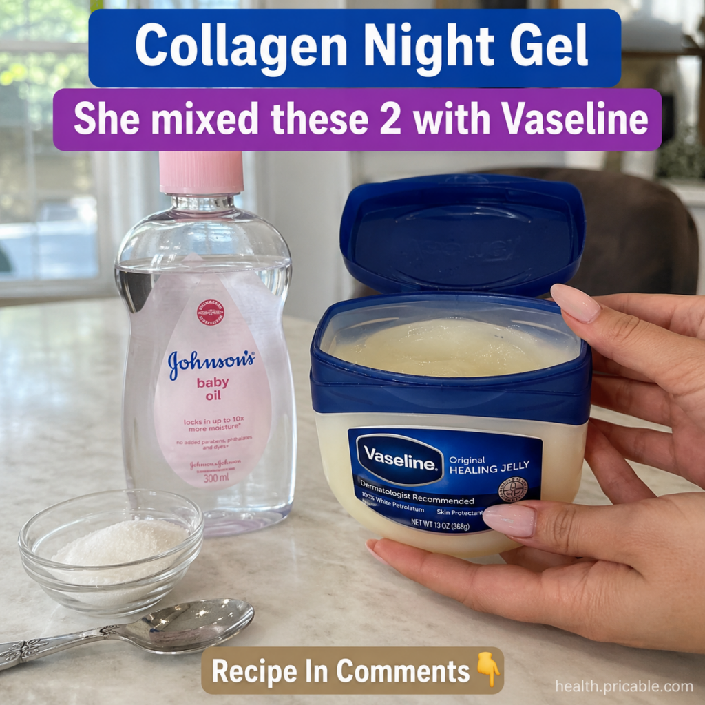 Ingredients for DIY Collagen Night Gel a jar of Vaseline a bottle of Johnson s Baby Oil a small bowl with white powder a