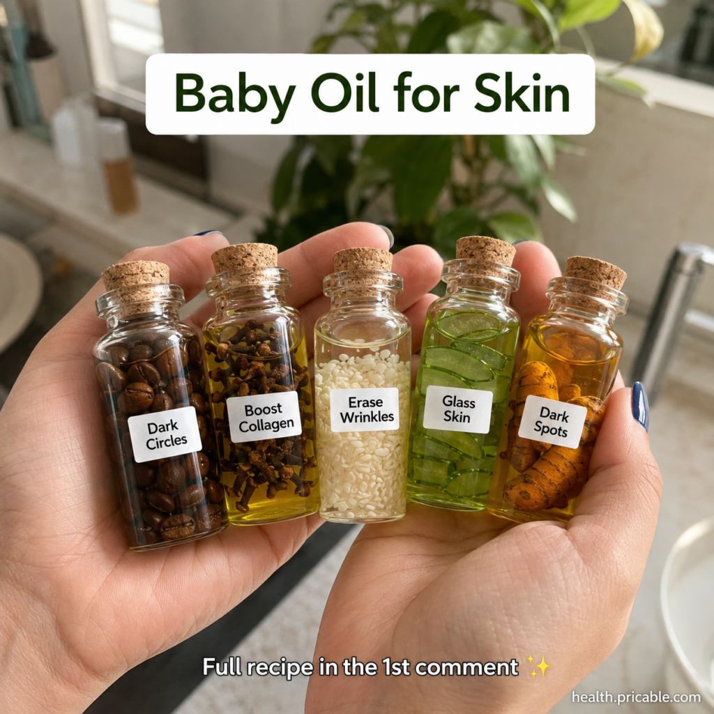 A pair of hands holding five small cork-stoppered glass vials each containing different natural ingredients in oil and l